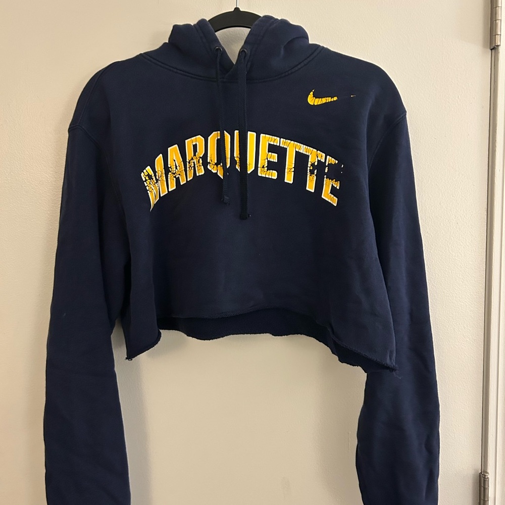 Nike Navy and Yellow Marquette Cropped Hoodie